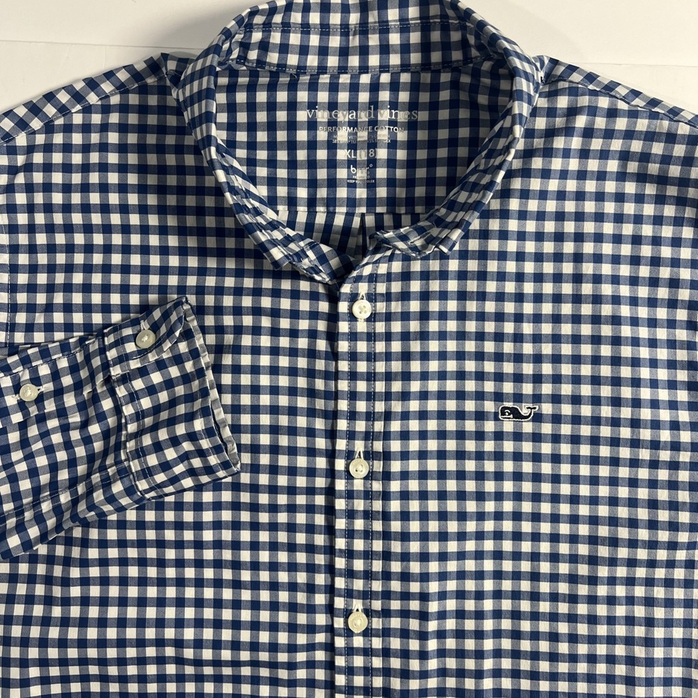 Vineyard Vines Performance Boys Blue / White Gingham Check Whale Shirt Sz XL 18
